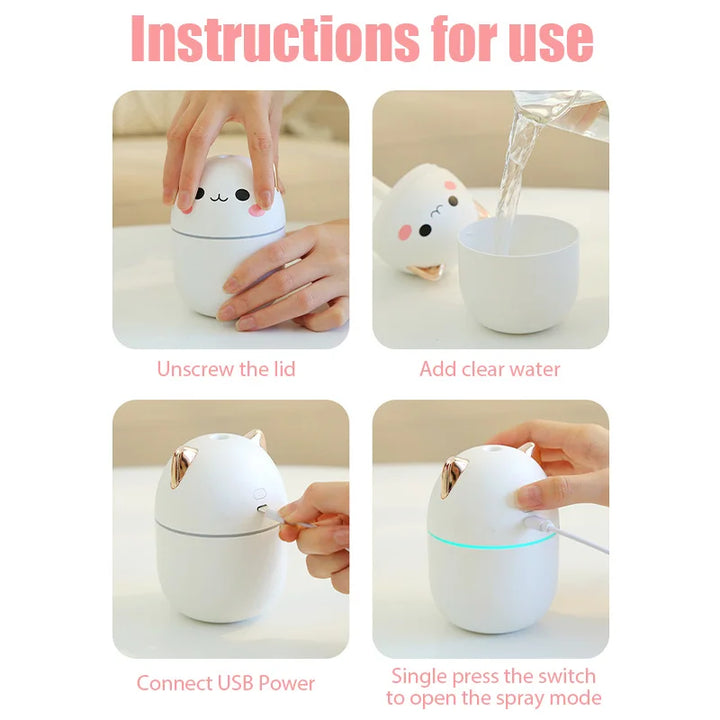 Cute Cat Humidifier Quite Portable 250ml USB with Night Light for Bedroom Home Desktop Car Travel, Pink