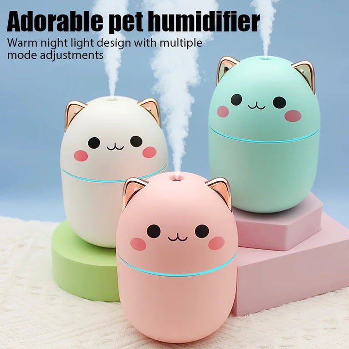 Cute Cat Humidifier Quite Portable 250ml USB with Night Light for Bedroom Home Desktop Car Travel, Pink