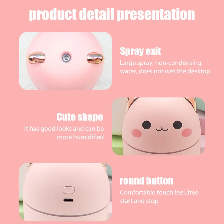 Cute Cat Humidifier Quite Portable 250ml USB with Night Light for Bedroom Home Desktop Car Travel, Pink