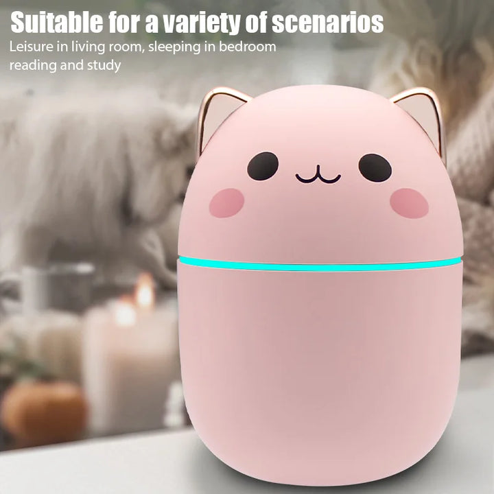 Cute Cat Humidifier Quite Portable 250ml USB with Night Light for Bedroom Home Desktop Car Travel, Pink