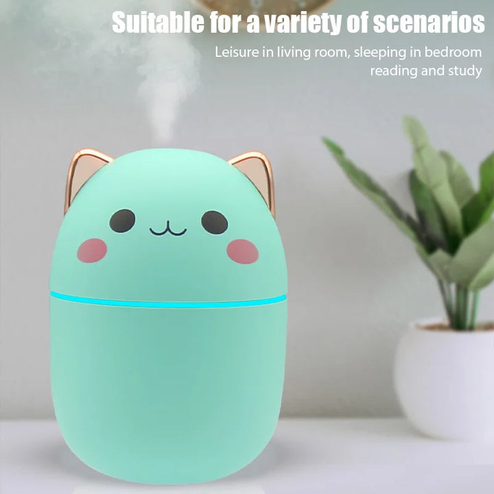 Cute Cat Humidifier Quite Portable 250ml USB with Night Light for Bedroom Home Desktop Car Travel, Pink