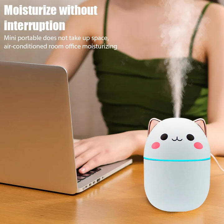 Cute Cat Humidifier Quite Portable 250ml USB with Night Light for Bedroom Home Desktop Car Travel, Pink